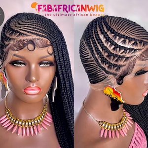 May include: A black braided wig with intricate patterns and a lace front is displayed. The wig features a side part and is styled with small, neat braids. The model is wearing a pink and gold necklace and earrings. The text "FabAfricanWig" is visible.
