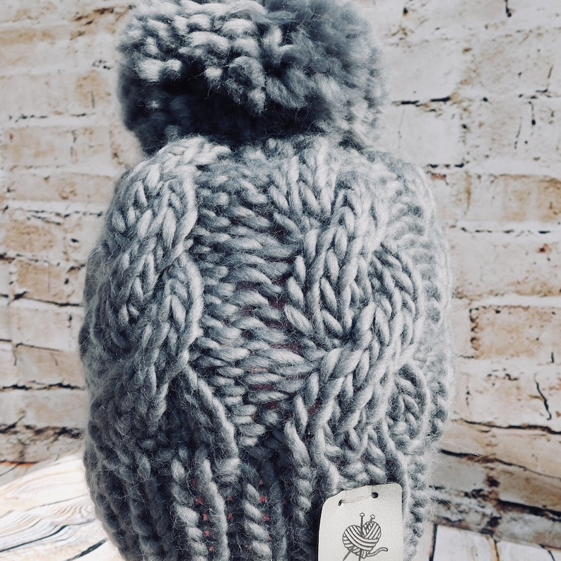 Adult unisex hand knitted graphite super chunky merino wool cable hat