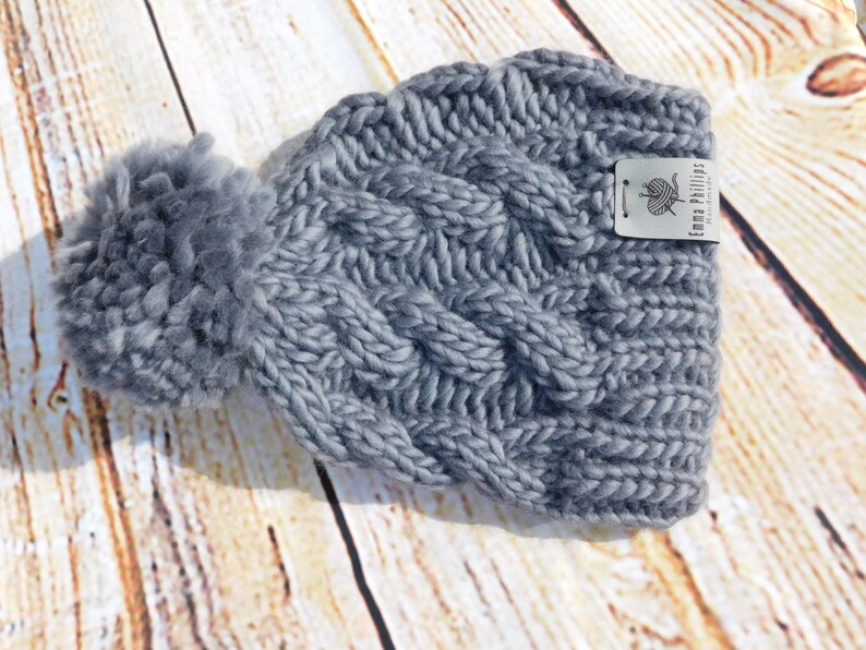 Adult unisex hand knitted graphite super chunky merino wool cable hat