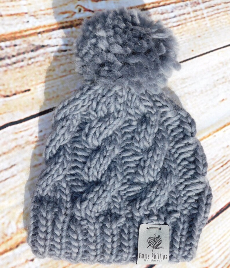 Adult unisex hand knitted graphite super chunky merino wool cable hat