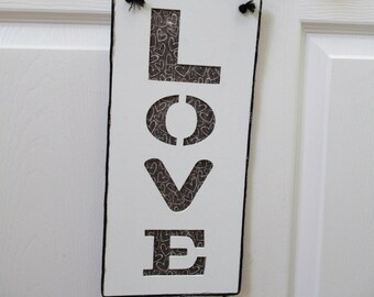 NEW Farmhouse Valentine's Day LOVE black white hearts hanging sign 14" x 6.5"