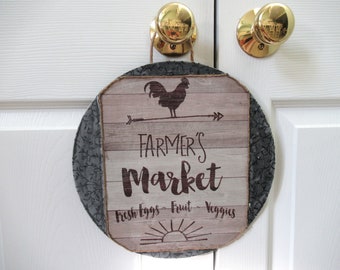 NEW Farmhouse farmer's market fresh eggs fruit veggies hanging sign 12" round