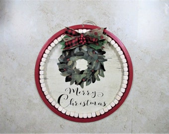 NEW Farmhouse Merry Christmas red green berries burlap wreath metal sign 13" X 13"