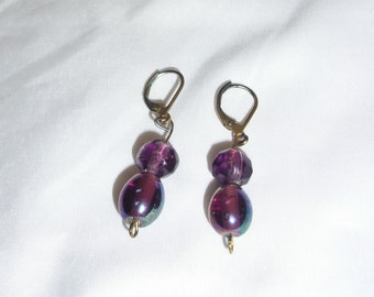 purple glass bead dangle earrings