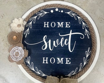 NEW farmhouse Home Sweet Home blue cream burlap hanging round sign 13" x 14"