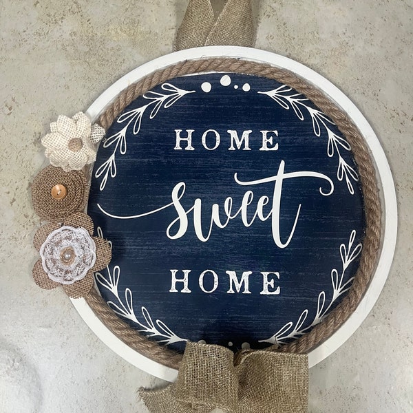 NEW farmhouse Home Sweet Home blue cream burlap hanging round sign 13" x 14"