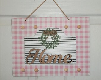 NEW farmhouse HOME pink white buffalo check hanging sign 12" x 12"