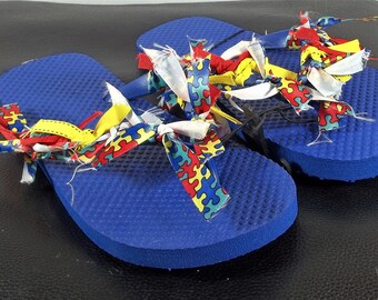 NEW girls size 4-5 autism autistic awareness red blue yellow aqua ribbons flip flop sandals