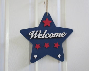 NEW farmhouse Star Welcome Patriotic July 4th Memorial Day Americana sign