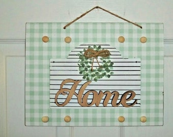 NEW farmhouse HOME green white buffalo check hanging sign 12" x 12"