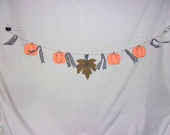 NEW home Farmhouse fall autumn Halloween wood wooden pumpkin burlap leaf garland black white check 45" long decor decoration accent