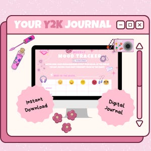 Könnte beinhalten: Ein digitales Y2K-Journal-Design in Rosa mit einem wöchentlichen Stimmungstracker. Das Design zeigt einen Computerbildschirm mit einem Stimmungschart, eine Digitalkamera und die Wörter "Sofort-Download" und "Digitales Journal."