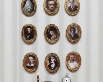 Handmade Miniature Gothic Portraits – Dark Regency Dollhouse Art with Painted Gold Frame | Eerie Family Set for Halloween Diorama