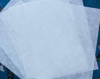 May include: A stack of translucent, square, white sheets of paper. The paper has a slightly textured surface and is arranged in a fanned-out pattern. The sheets are layered, creating a sense of depth and volume. The background is a dark blue with a floral pattern.