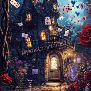 May include: An illustration of a whimsical, fairytale-like house with playing cards and hearts floating in the air. The house is dark with glowing windows, surrounded by roses and lush foliage. The text "MysticCreation111" is visible.