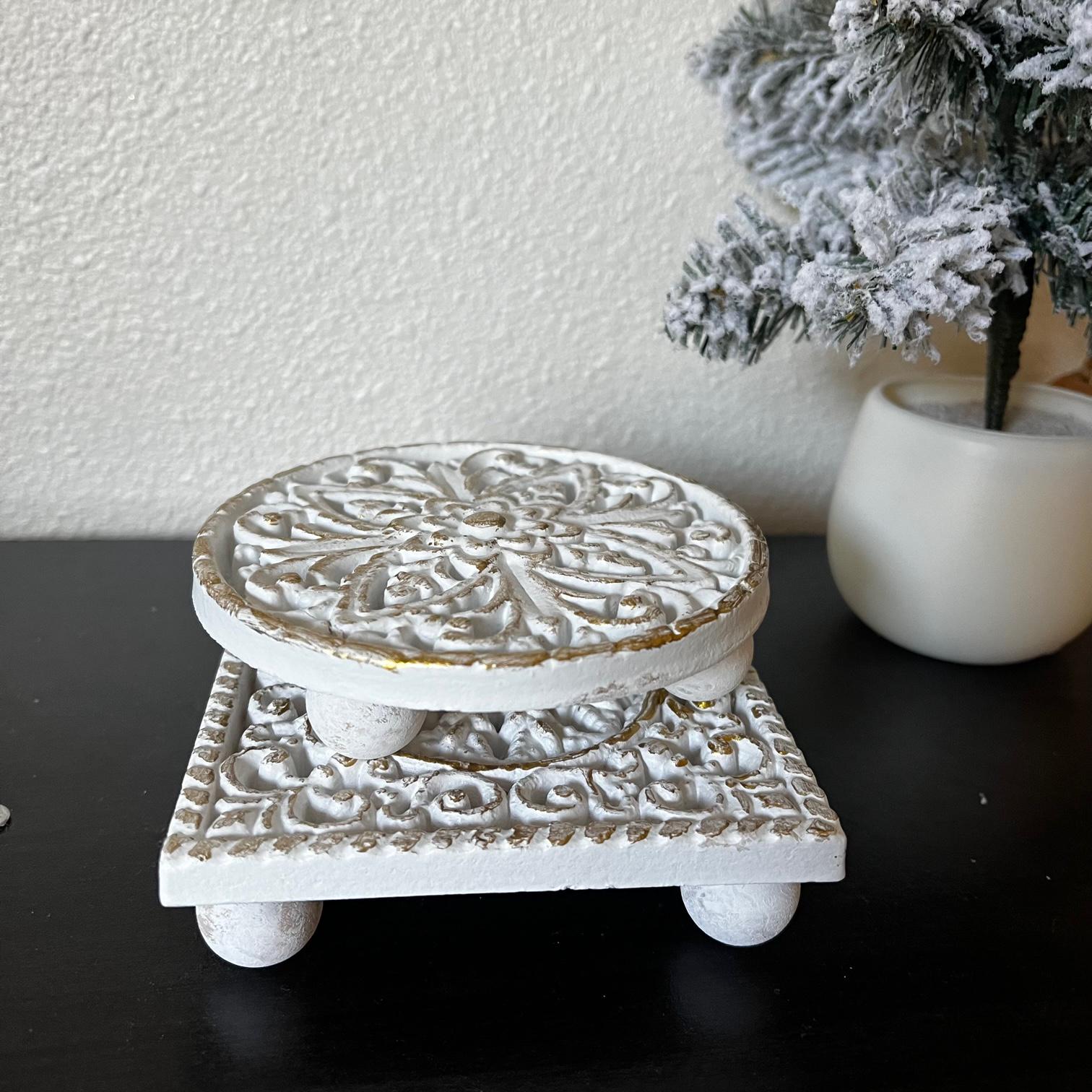 Mini Carved Wood Table Riser - Round Square Floral White Gold Riser ...