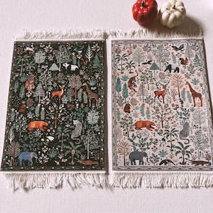 Miniature Dollhouse Rug 1:12 Scale | Handmade Fabric Carpet with Fringe | Forest Animal Tapestry