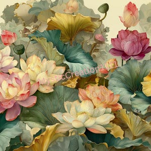 Decoupage Vintage Style Lotus Flowers Pond #501, Letter Size Rice Paper for Coaster, Trinket Box, Furniture, Scrapbook Journal, Craft DIY