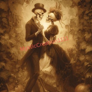 May include: Sepia-toned artwork depicting two skeletons in formal attire, dancing in a garden setting. The male skeleton wears a top hat and suit, while the female skeleton is in a dress with a floral headpiece. Pumpkins are at the bottom.