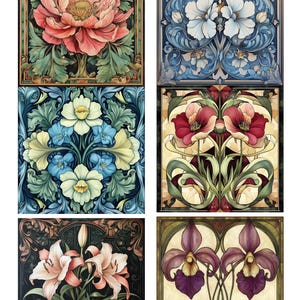 Decoupage Rice Paper with 6 square Art Nouveau Floral Patterns #100, Rice Paper for Coaster, Trinket Box, Furniture & DIY Crafts Supply