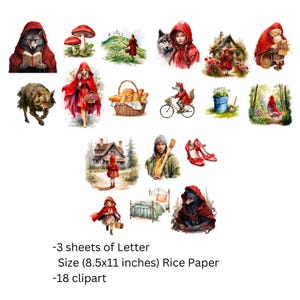 Decoupage 18 Little Red Riding Hood Pattern Bundle #292, Letter Size Rice Paper for Coaster, Trinket Box, Furniture, Scrapbook Junk Journal