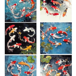 May include: Six square paintings of koi fish in water. The fish are red, orange, white, and black. Some paintings have lily pads. The water is blue and the background is dark. The koi fish are swimming in different directions.