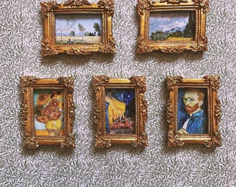 Classic Art Van Gogh Renoir Miniature Painting for Dollhouse or Fridge Magnet – 1:12 Scale Monet Wall Art – Gold or White Resin Frame