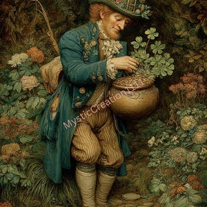 May include: An illustration of a leprechaun in a green hat and blue coat, tending to a pot of gold and a four-leaf clover plant. The leprechaun is in a forest setting, surrounded by flowers and foliage. The image has a vintage, artistic style.