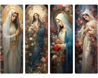 May include: Four paintings of a woman in a white, blue, or light blue dress standing in a garden of flowers. The woman is surrounded by pink, white, and purple flowers. The paintings are in a vintage style.