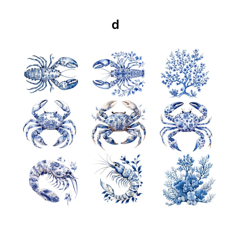 May include: Nine blue and white watercolor illustrations of marine life and coral. The designs include lobsters, crabs, shrimp, and coral, all in a classic blue and white porcelain style. The letter "d" is in the top left corner.