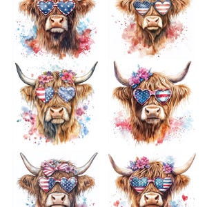 Papier de riz pour découpage avec 6 drapeaux des États-Unis, vache des Highlands patriotique n° 192, papier de riz pour dessous de verre, boîte à bijoux, meubles, journal de scrapbooking