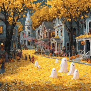 May include: A colorful autumn street scene with houses decorated for Halloween. The street is covered in yellow leaves, and several white ghost figures are present. Carved pumpkins adorn the houses and street.