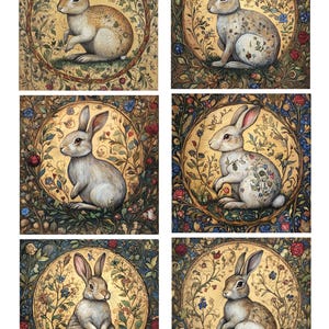 Papier de riz pour découpage avec 6 motifs lièvres magiques d'art médiéval n°122, papier de riz pour dessous de verre, boîte à bibelots, bougie, meubles et travaux manuels