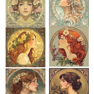 Carta di riso per decoupage con 6 motivi quadrati di donne in stile Art Nouveau n. 102, carta di riso per sottobicchieri, portaoggetti, mobili e forniture per bricolage