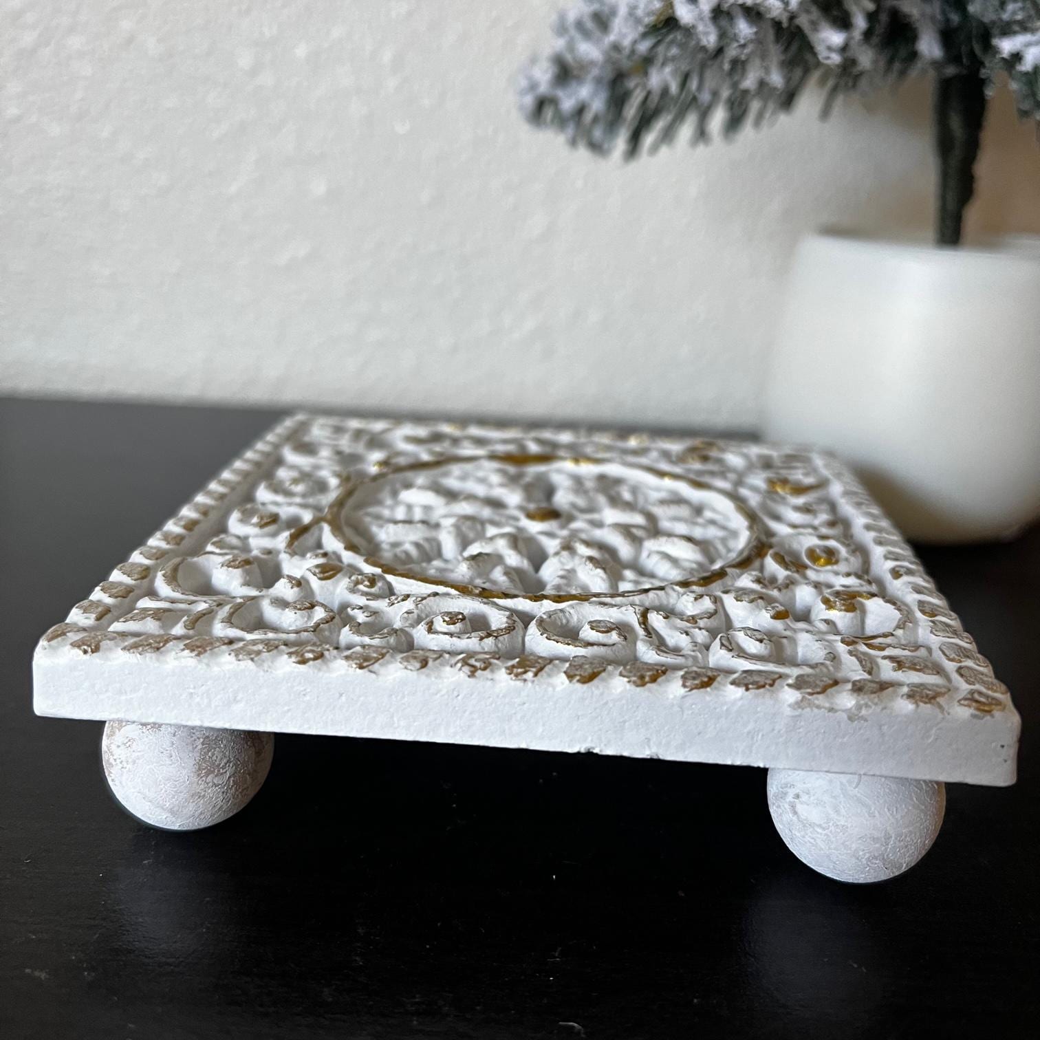 Mini Carved Wood Table Riser - Round Square Floral White Gold Riser ...