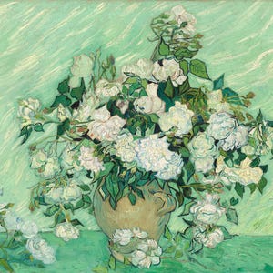 May include: An oil painting of white roses in a tan vase against a light green background. The roses are in full bloom, with lush green leaves. The background has a textured, brushstroke effect, creating a sense of movement and depth. The artwork is a still life.
