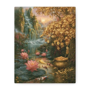 May include: A landscape painting featuring a waterfall cascading down rocky cliffs into a pond with pink lotus flowers and koi fish. A golden tree with hanging coins stands beside a golden pot filled with gold coins near the water's edge.