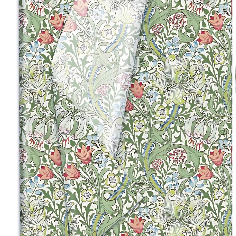May include: A white background with a repeating pattern of green leaves, white lilies, red tulips, and blue flowers. The pattern is reminiscent of a vintage wallpaper design.