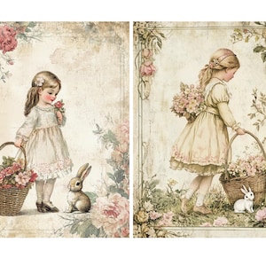 Papier de riz pour découpage avec 2 motifs de lapins de Pâques vintage #94, papier de riz pour sous-verre, boîte à bijoux, bougie, meubles et fournitures pour travaux manuels