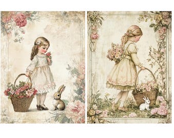 May include: Two vintage illustrations of girls with baskets of flowers and bunnies. The girls are wearing white dresses and are surrounded by flowers. The illustrations are in a soft, pastel color palette.