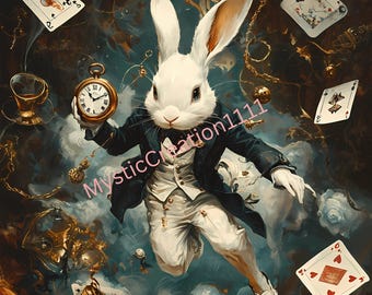 May include: A white rabbit wearing a waistcoat and holding a pocket watch, surrounded by playing cards and other objects, floating in a swirling cloud of smoke.