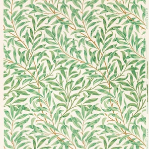 May include: A repeating pattern of green leaves and brown branches on a cream background. The leaves are detailed with visible veins, creating a natural, botanical design. The pattern is a classic, timeless design.