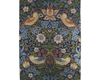 May include: A decorative textile featuring a repeating pattern of birds, flowers, and berries. The design includes birds with brown and blue feathers, pink and white flowers, and red berries, set against a dark blue background with green and light blue foliage.