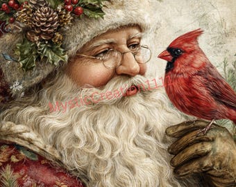 Decoupage Paper Santa with Cardinal Christmas Winter Art #662, Letter Size Rice paper for Trinket Box, Furniture, Wall Art, Craft, Scrapbook