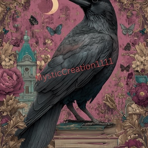 May include: A digital art print featuring a black raven perched atop a stack of books. The background is a textured pink with a crescent moon, butterflies, and floral elements. The text "MysticCreation1111" is visible.