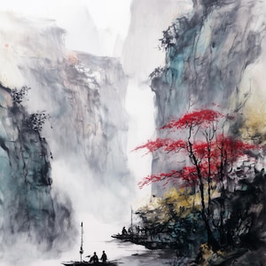 Papel de decoupage Chinoiserie, pintura de tinta de paisaje oriental chino n.° 244, papel de arroz tamaño carta para cajas de baratijas, velas, muebles y manualidades.
