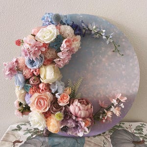 Luxury 3D Floral Wall Art, Crescent Moon Round Wood, 3D Floral Painting Wall Art, Nursery Wall Décor, Housewarming Gift, Floral Arrangement