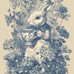Decoupage Rice Rabbit Bunny Blue Ink Art Vintage Style 6 sheets Bundle #855, Letter Size Rice paper