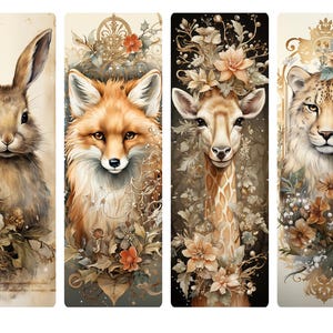 May include: Four vertical bookmark designs featuring a rabbit, fox, giraffe, and cheetah, each with floral accents and a gold ornate frame.