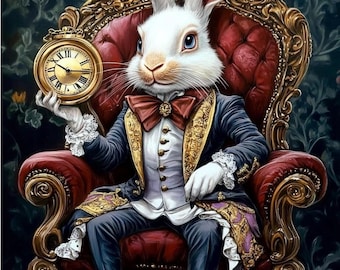 May include: A white rabbit wearing a blue suit, white gloves, and a red bow tie sits in a gold and red ornate chair. The rabbit is holding a gold pocket watch with roman numerals.